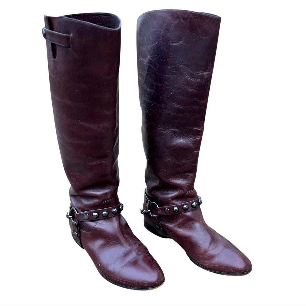 Brown Leather Tall Riding Boots Equestrian Style Size 7.5 Buckle Chain Old Money - Picture 3 of 17
